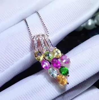 

Tourmaline key necklace pendant Free shipping 925 sterling silver Natural real tourmaline 0.25ct*8pcs gemstone #B18110506