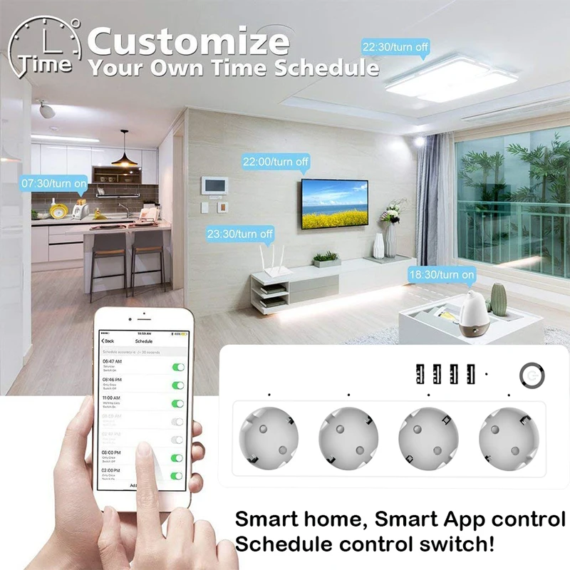 Умная Wi-Fi мощность полосы ЕС Plug 4 USB таймер розетка Удлинитель сетевой фильтр Голосовое управление работа Alexa Google IFTTT