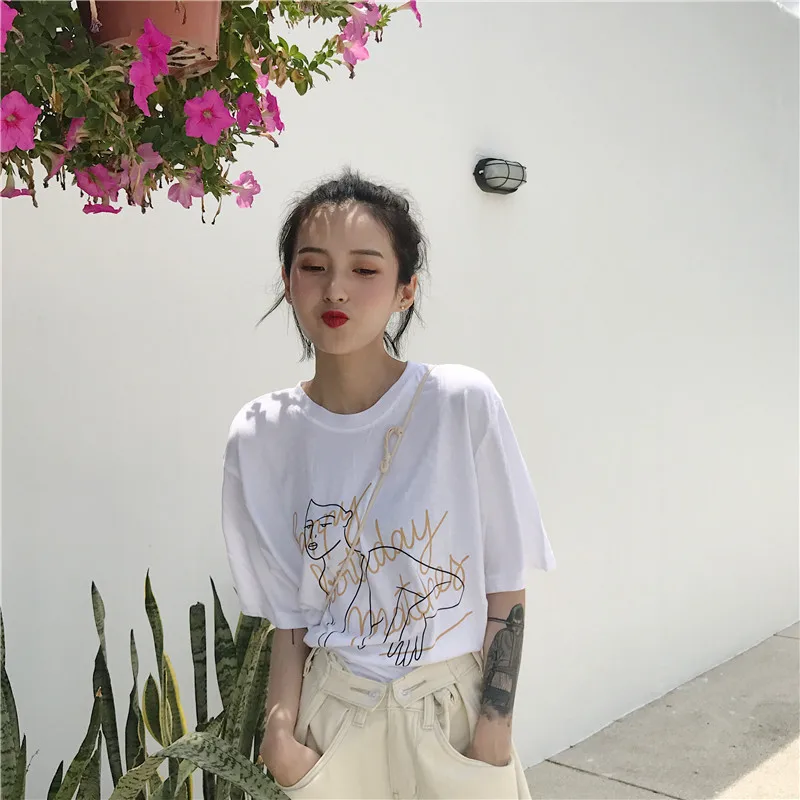KYMAKUTU Chic иероглиф Hipster футболки с круглым вырезом короткий рукав Для женщин
