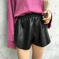 Летние широкие брюки шорты для женщин Корейский Ulzzang Harajuku Chic искусственная кожа фитнес-шорты Женщины Высокая талия черный повседневное