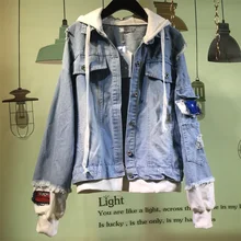 Женская джинсовая куртка новые куртки свободные с капюшоном топы ковбойские поддельные две джинсовые куртки Женское пальто плюс размер B483