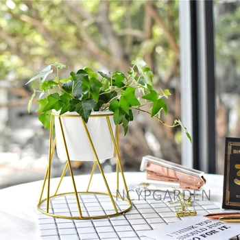 

Geometric Gold Iron Rack Holder with White Ceramic Planter for Succulents Herbs Cactus Flower Plants Pot Decoration Centerpiece