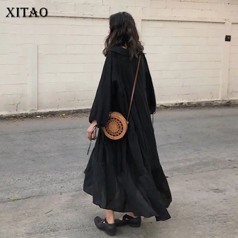 

XITAO Pleated Long Plus Size Dress Women Clothes 2019 Vintage V Neck Wild Joker Casual Drawstring Elegant Autumn WLD1828