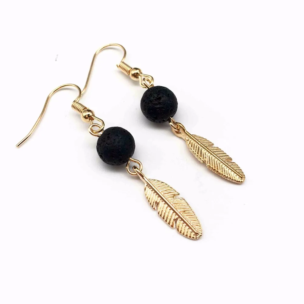 

1pair) Feather Leaves Lava Stone Diffuser Earrings, Essential Oil Diffuser, Lava Rock Bead Earring, Aromatherapy Aroma Earrings