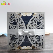DIY customied inc48 складной вырезанные лазером сердечки цветок серебро свадебные приглашения карты, завязанный серый бант, печать вставка, конверт