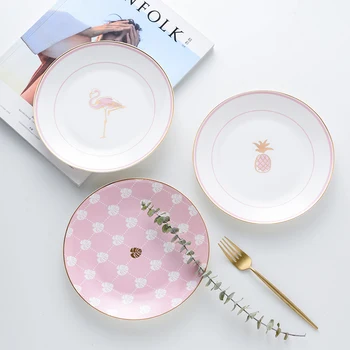 

Nordic simplicity wind painting gold ceramic Western salad dessert home plate display girl pink