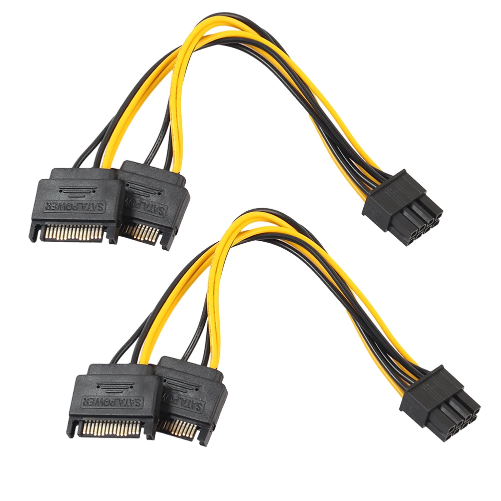 2Pcs PCIe PCI-E PCI Express 8Pin(6+2) to Dual 15Pin SATA Power Cable Video Card Graphics Card Power Cord for Bitcoin BTC Mining