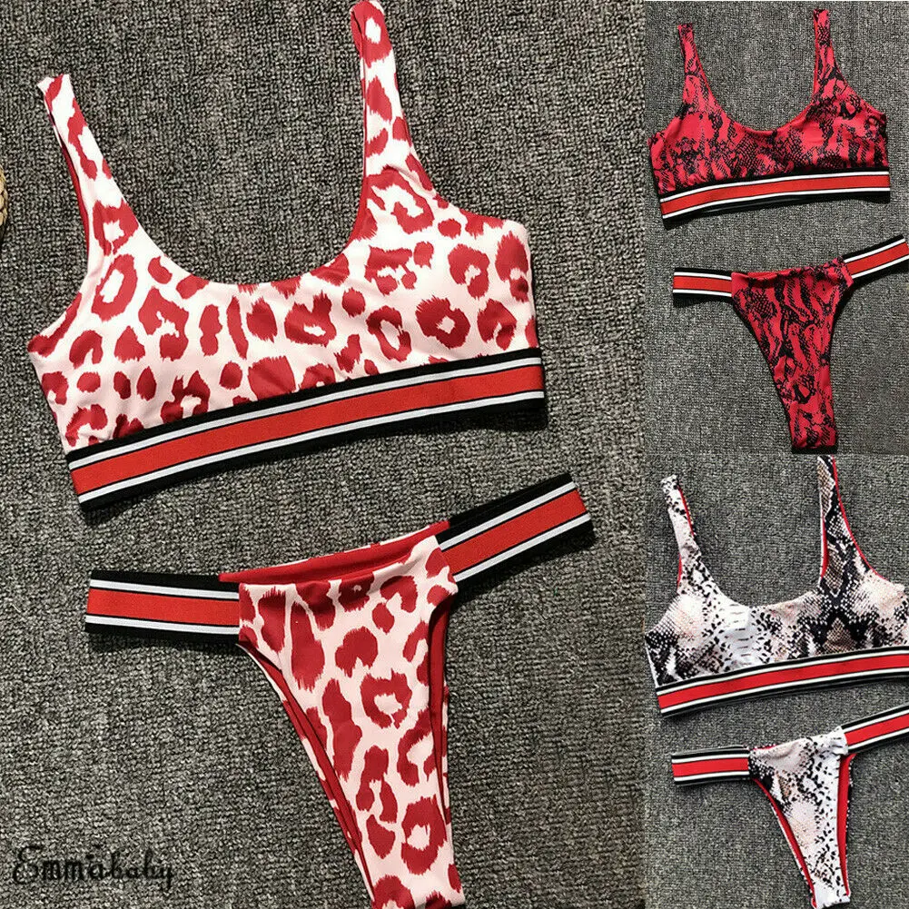 

Sexy Women Two Piece Bikini snakeskin leopard Thong Underwear Padded Push Up Tankini Swimsuit Bathing Suit Beach Bra Swimwear