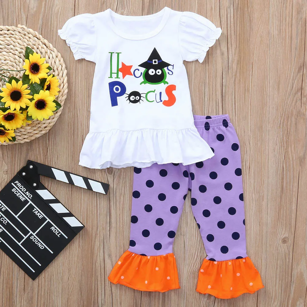 

Summer Cute Toddler Kids Baby Girls Clothes Short Sleeve O-neck Letter Print Tops+Dots Pants Halloween Outfits Set 8M-4T
