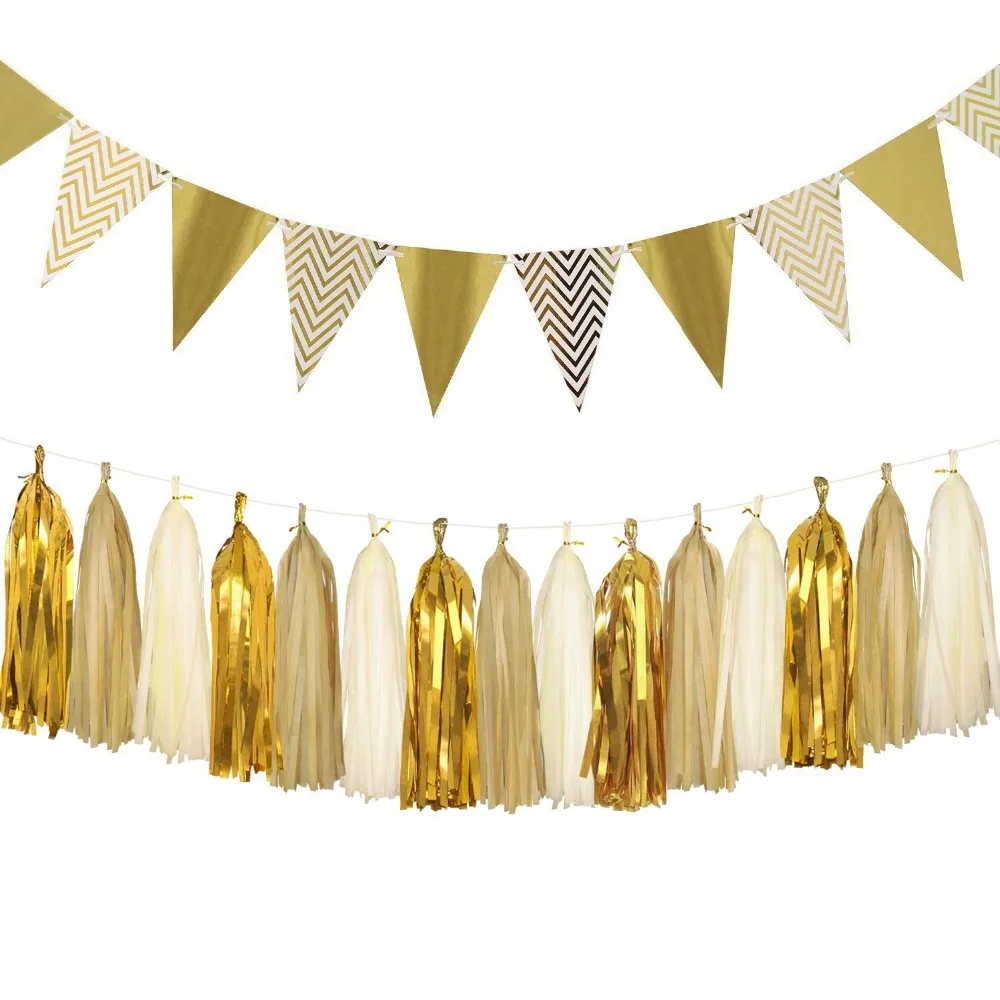 

Sparkly Paper Pennant Banner Flags Bunting 8.2 Feet and Tissue Paper Tassels Garland 15 pcs for Baby Shower, Birthday Party deco