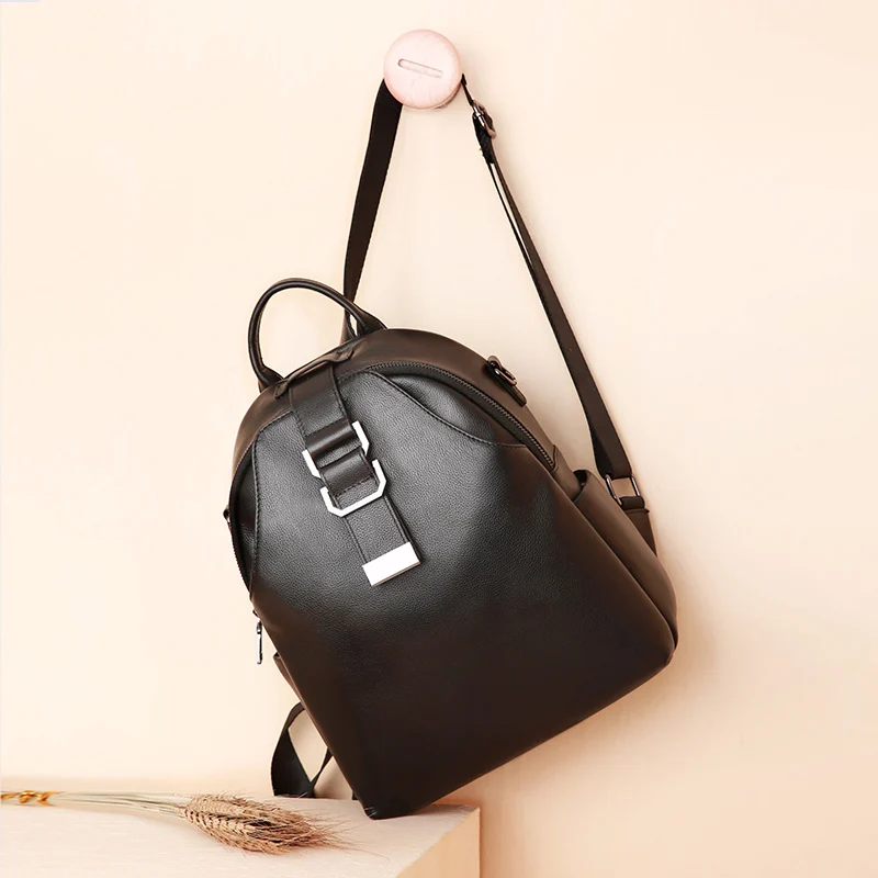 

Cowhide 100% Genuine Leather Black Women Backpack Travel Bags Anti-theft Notebook Schoolbag For Girls Daily Holiday Knapsack