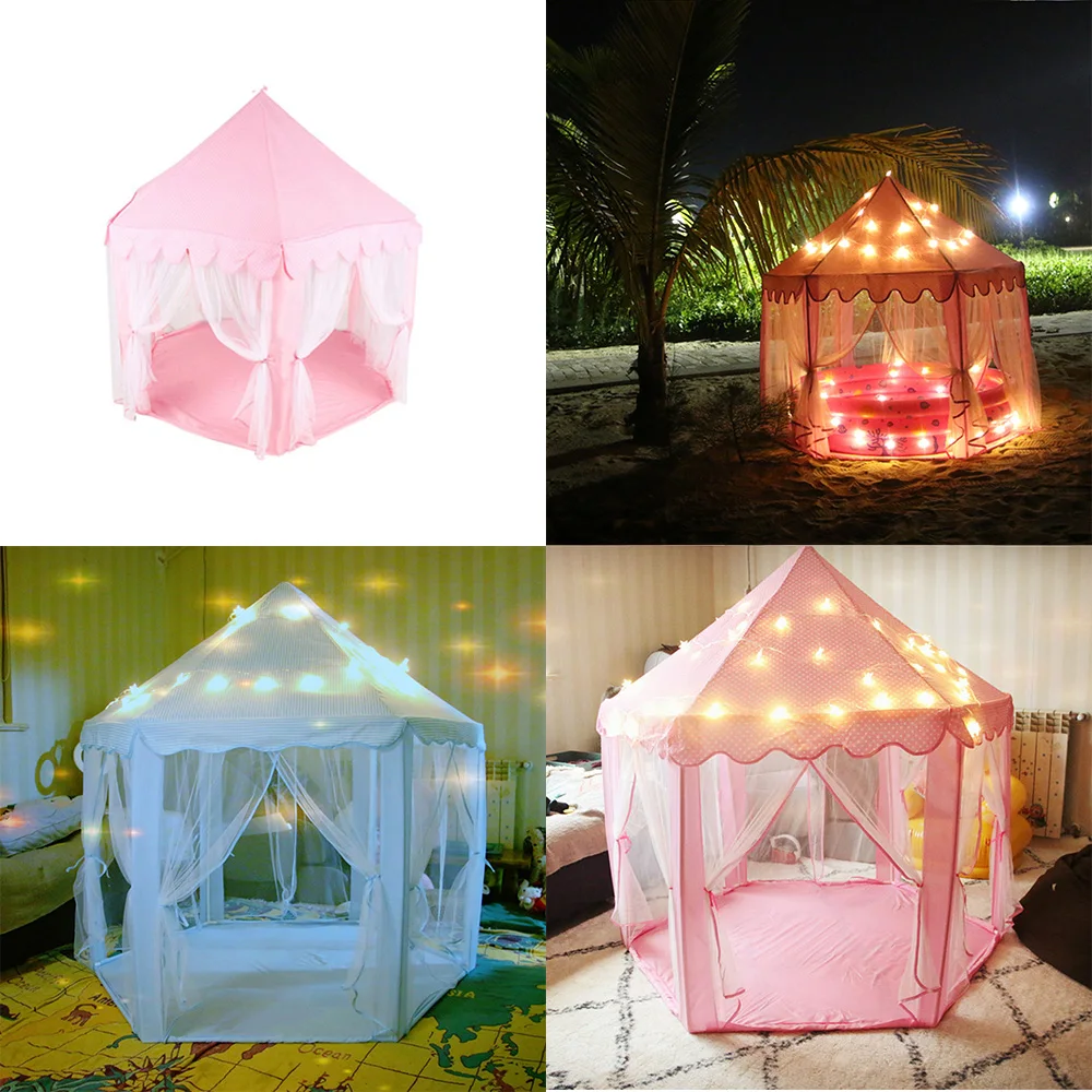 

Hexagonal Princess Castle Play House Tent Lodge With LED Twinkle Star String Lights Children Outdoor Garden Mosquito Net Gift