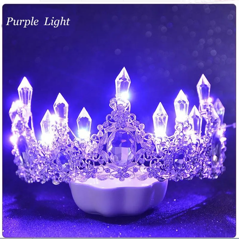 Свадебная светящаяся корона для женщин на день рождения вечерние украшения для волос светодиодное освещение для свадебного торжества тиара невесты королевы короны рождественские украшения для волос для девочек - Окраска металла: 107 Purple Light