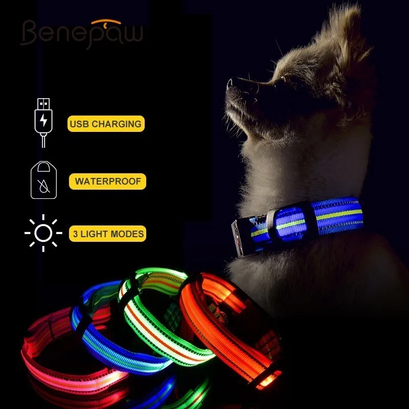 

Benepaw Comfortable USB Rechargeable Glowing Led Dog Collar Durable Waterproof Pet Luminous Small Big Dog Collars 3 Light Modes
