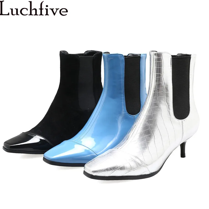 

Luchfive Fashion Patent Leather Ankle Boots For Women Square Toe Elastic Slip On Kitten Heels Chelsea Boots Rain boots women