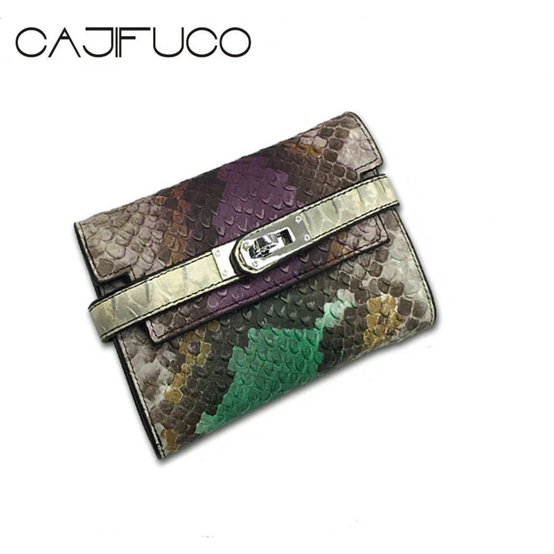 

CAJIFUCO Fashion Snake Pattern Genuine Leather Short Wallet Trifold Lock Catch Credit Card Holder Wallet Coin Purses Porte Carte