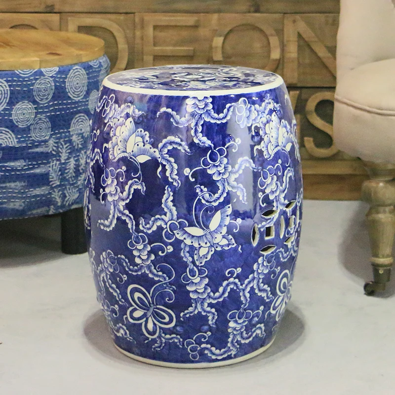 Антикварная китайская ручная роспись синий и белый керамический стул для садовой мебели