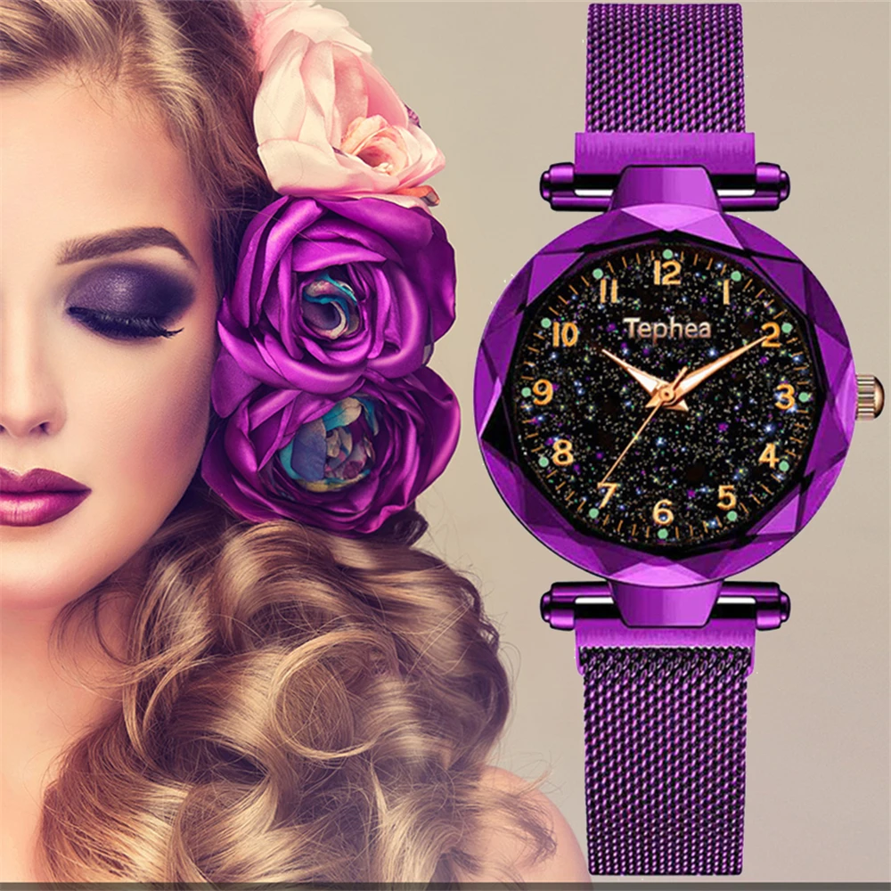 Необычные Фиолетовые женские часы, модные, звездное небо, женская одежда, кварцевые магнитные часы, женские светящиеся наручные часы, relogio feminino