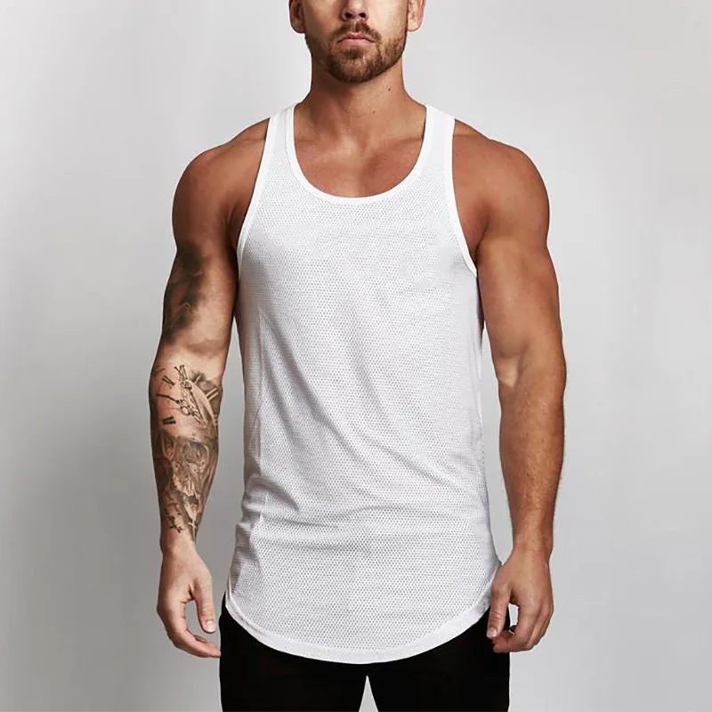 

New Gyms Tank Tops Mens Solid Mesh Bodybuilding Clothes Fitness Men Singlet Sleeveless Cotton Workout Stringer Gyms Shirts