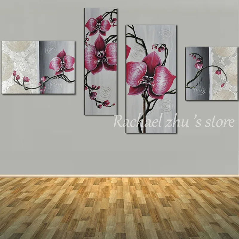 

Hand Painted Four Panles Purple and Pink Flower Oil Painting On Canvas Four Group Flower Wall Pictures Living Room Home Decor
