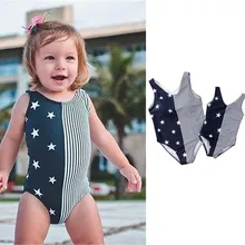 Детские купальные костюмы для девочек; цельные детские купальники из полиэстера; купальный костюм; бикини; пляжный купальник в полоску со звездами; K0314
