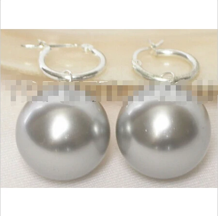

Free shipping >>>>>>AAA Dangle big 20mm Gray round sea shell pearls earring 925sc hook E52