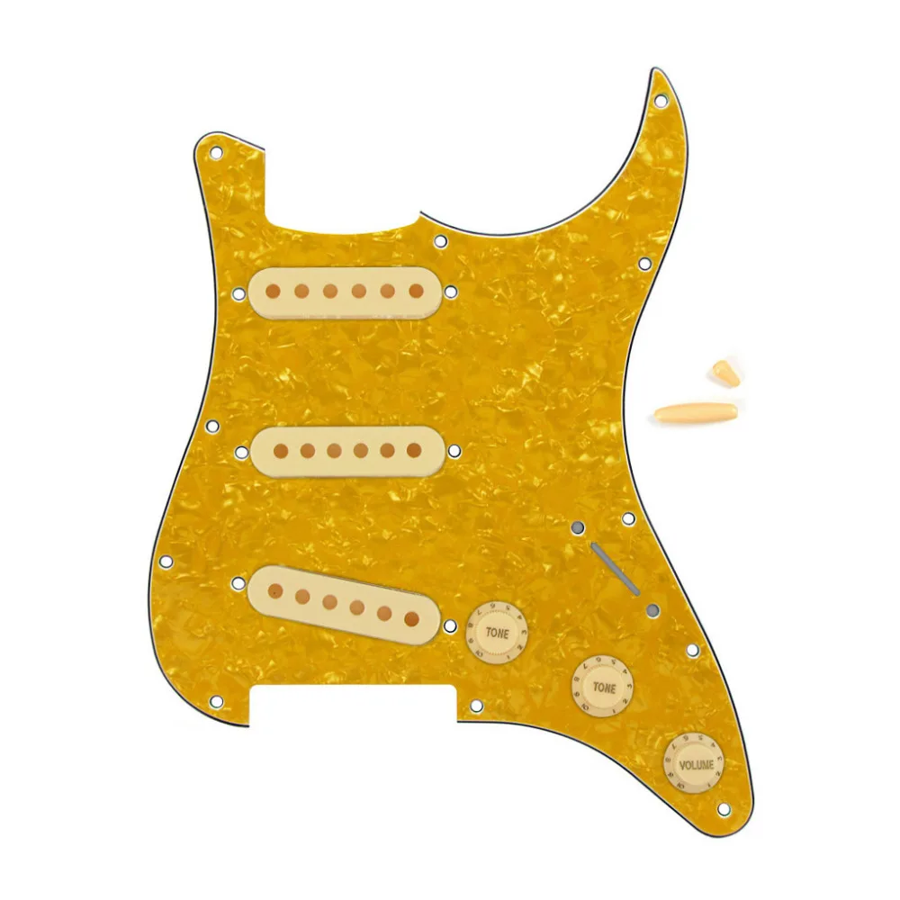 1 Set Yellow Pearl 11 Holes Strat Guitar Pickguard Scratch Plate SSS Pickup Covers Guitar Knobs