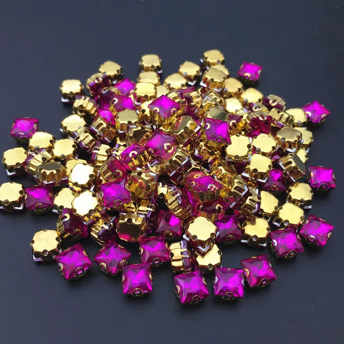 

6mm 72pcs Rose Red Sew On Princess Square Fancy Stone In Gold D claw setting Sewing Glass Crystal Beads For Dress Jewelry