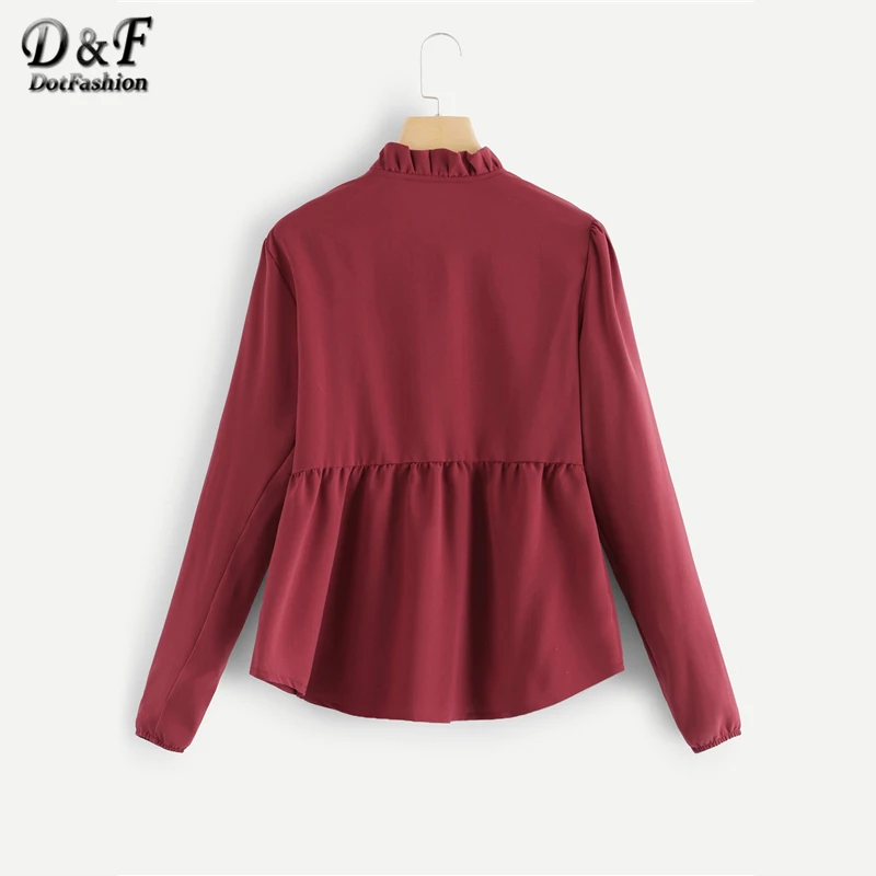  Dotfashion Burgundy Solid Frill Button Through Blouse Women 2019 Autumn Casual Ladies Top Stand Col