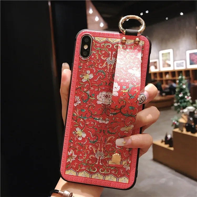 

Flowers Wrist Strap Soft Tpu Phone Case For iphone 7 6 8 Plus Case For iphone X Xs Max Xr Flower Embroidery Pattern Case Cover
