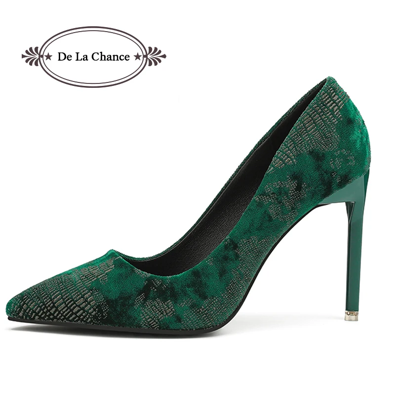 

De La Chance Women Pumps 2018 Ladies Shoes High Heels Green Black Sexy Suede Pointed Toe Slip-on Wedding Party Shoes Dress