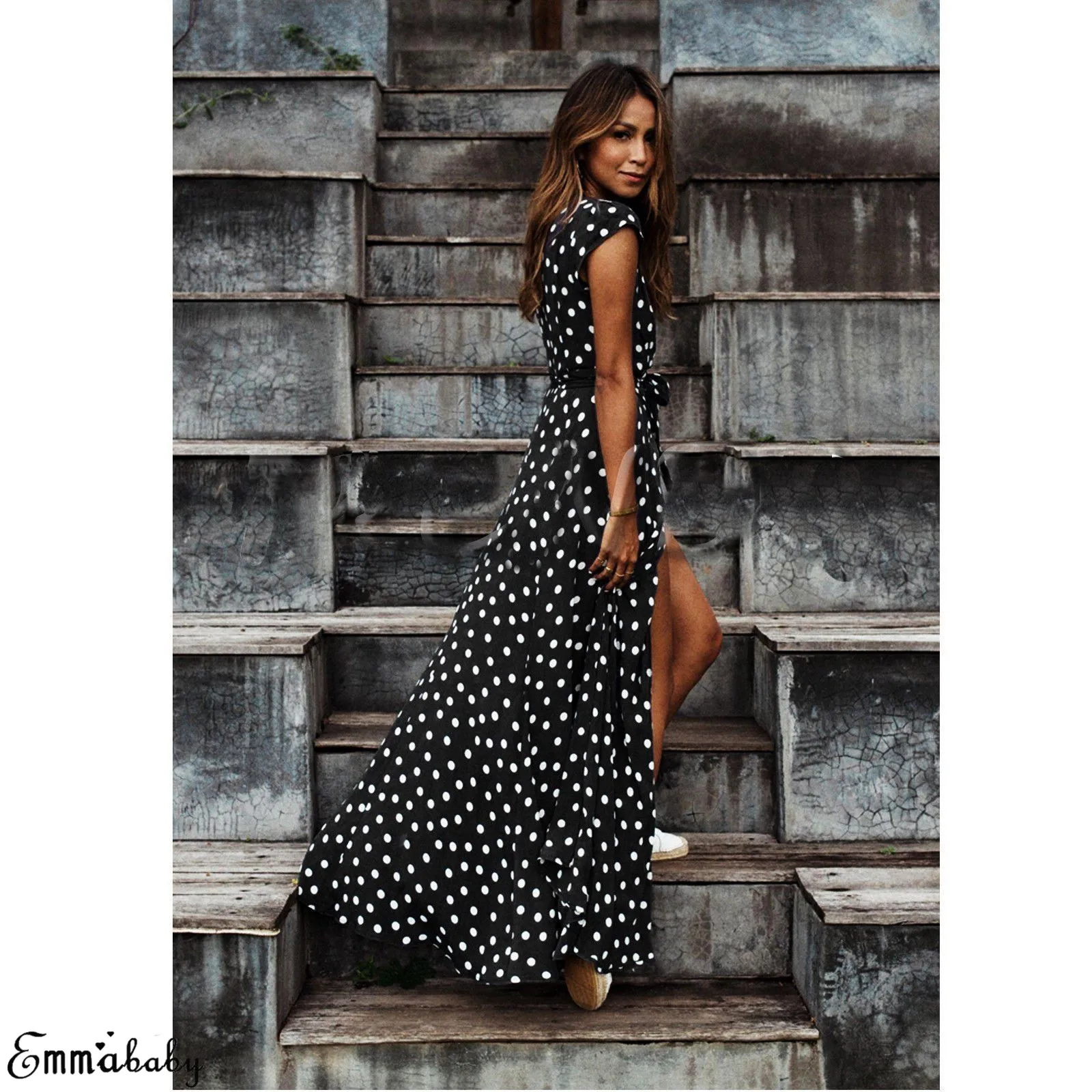 

Boho Women Summer Dress Short Sleeve Holiday Polka Dot Slit Sashes Maxi Dress V-neck Long Dress Vestidos Robe Femme Plus Size