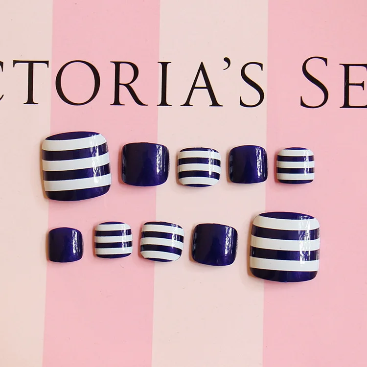 

24Pcs Navy Blue Toe Nails White Stripe Style Summer Toe False Nails Short Full Cover Nail Tips Acrylic Fake Feet Nails
