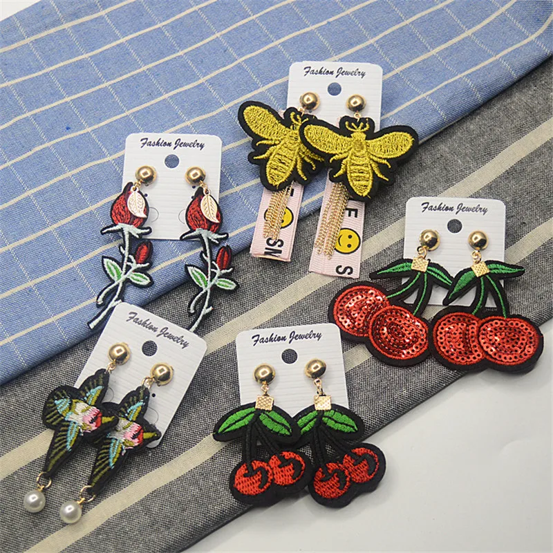 

2018 Summer Earrings Sweet Embroidery Hummingbird Honeybee Cherry Earring For Women Cartoon wedding Party Earring Jewelry