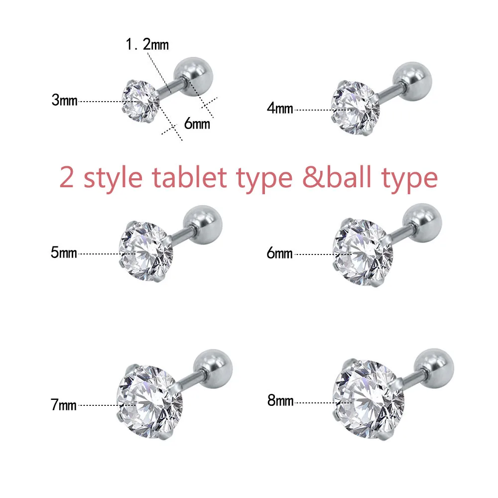 ZS 6pairs/lot Stainless Steel Earrings for Women Stud Earrings Piercing Cartilage Round Crystals Stud Earrings Children Brincos