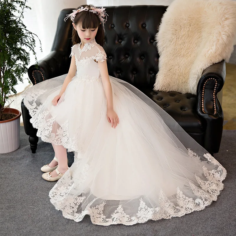 

High Collar Ball Gown Princess Dress Birthday Party Beading Flower Girl Dresses for Wedding Long Trailing Holy Communion Dress K