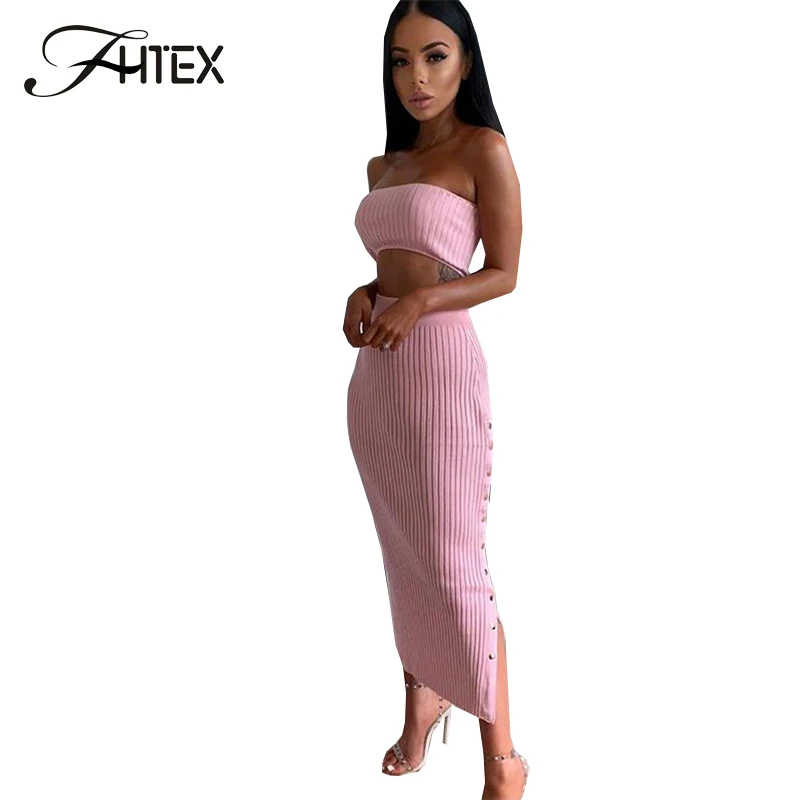 Женский короткий топ FHTEX однотонный облегающий повседневный комплект с юбкой в
