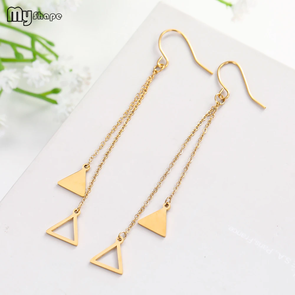 

My Shape Trendy Stainless Steel Long Tassel Fringed Draped Ear Chain Triangle Pendant Women Drop Dangle Earrings