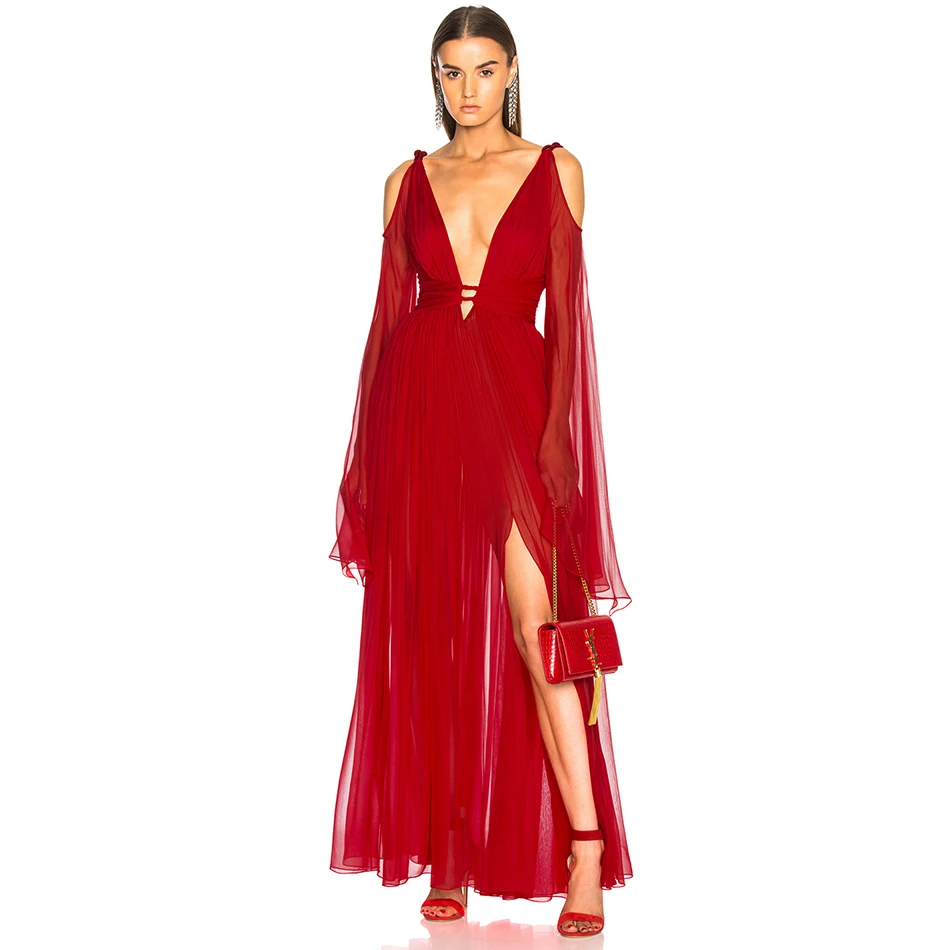 

Seamyla 2019 New Elegant Chiffon Dress Sexy Women Deep V Neck Red Long Maxi Evening Party Dresses Long Sleeve Club Ruway Dress