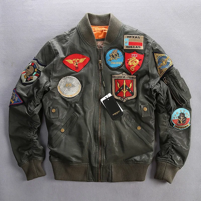 Мужские черные Top Gun кожаная куртка пилота из натуральной овечьей кожи короткая размера плюс XXXL Для мужчин зимние военные куртки русский кожаные пальто