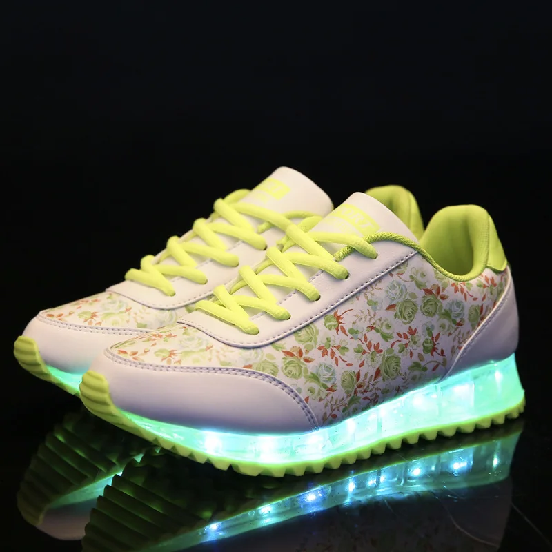 

Floral colorful couple shoes boys and girls luminous plate shoes USB rechargeable LED lights shoes lace sneakers