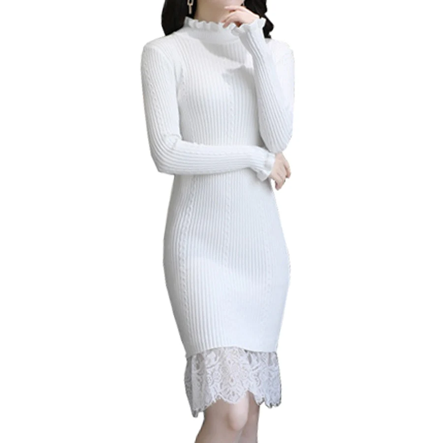 EdspLovd Women s Long Style Sweater Bodycon Pencil Dress Lace Bottom Slim Winter Knitted Dress AS249