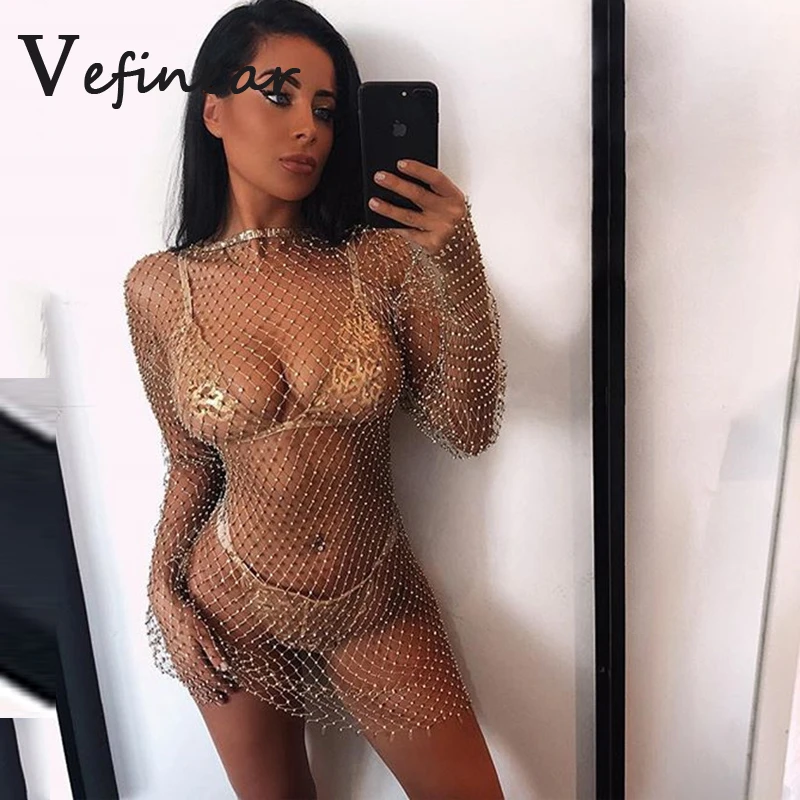 

Bling Rhinestones Gold Mesh Hollow Out Dress Sexy Sleeveless Fishnet Bodycon Dress Women Summer Beach Club Party Dresses 2019