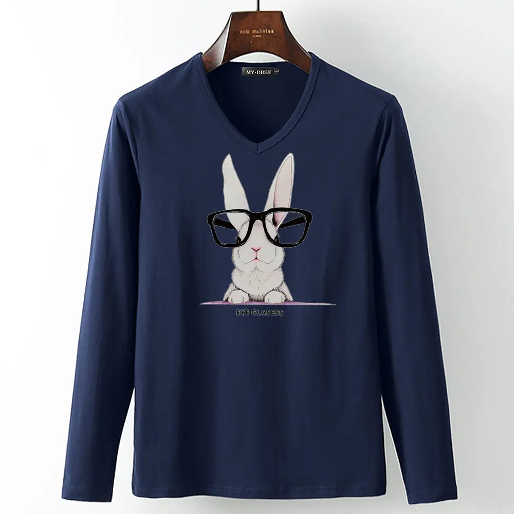 Camisetas Mujer, летняя футболка, Повседневная Хлопковая мужская футболка с рисунком кролика, принт с животными, мужские футболки с длинным рукавом и v-образным вырезом - Цвет: A18-V-Navy
