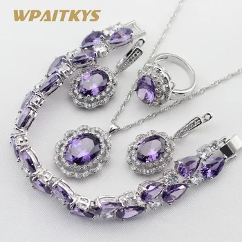 

Huge Silver Color Jewelry Sets For Women Purple Cubic Zirconia Necklace Pendant Bracelets Earrings Rings Free Box