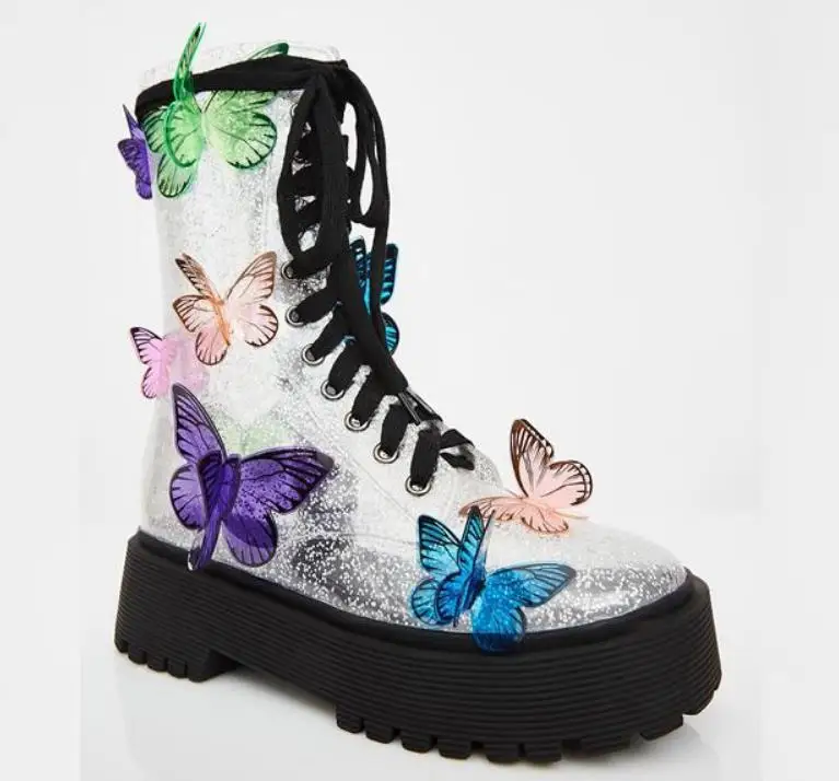 

2019 new low-heeled women's belt with magic color transparent women's shoes butterfly child boots