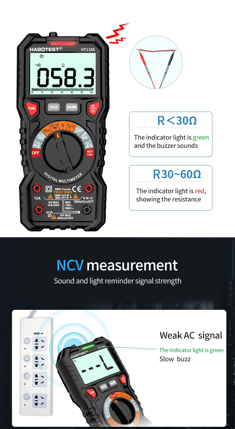 HABOTEST HT118A / C / D Цифровой мультиметр Автоматический диапазон NCV True RMS AC / DC 6000 отсчетов Двухцветный экран Индикатор напряже