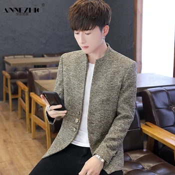 

HOBO 2020 spring new small blazer men Slim youth no collar woolen blazer trend handsome