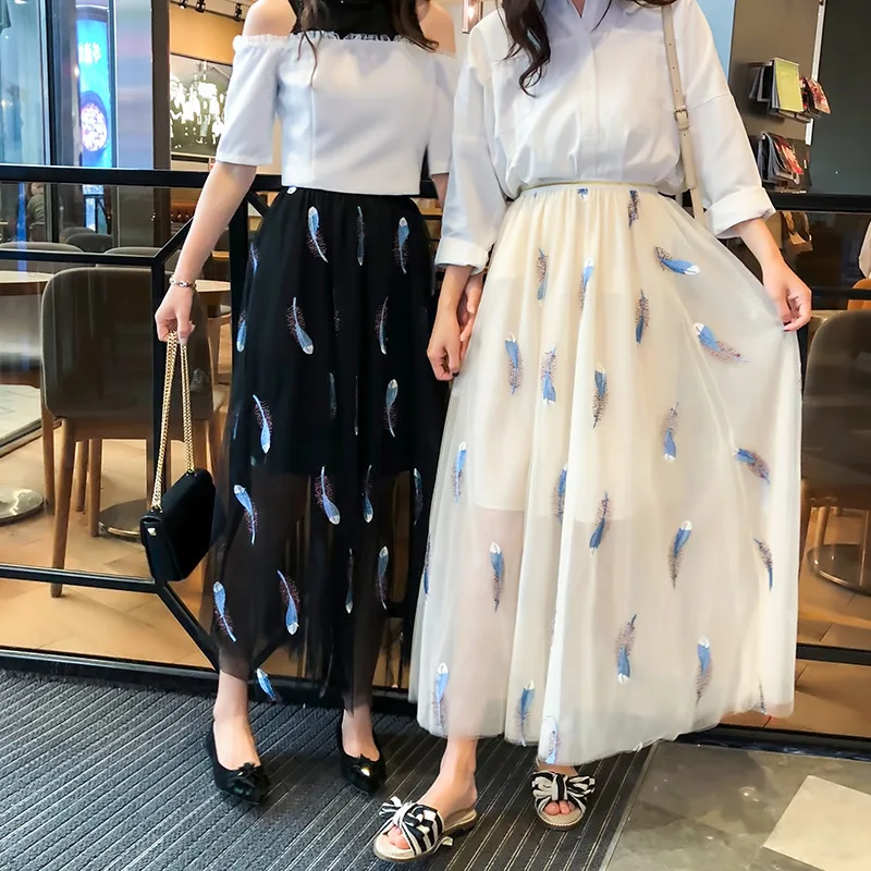 

2019 Summer Feather Embroidery Voile Skirt Women Casual Long High Waist Faldas Pleated Skirts Princess Ball Gown Skirt Tunic