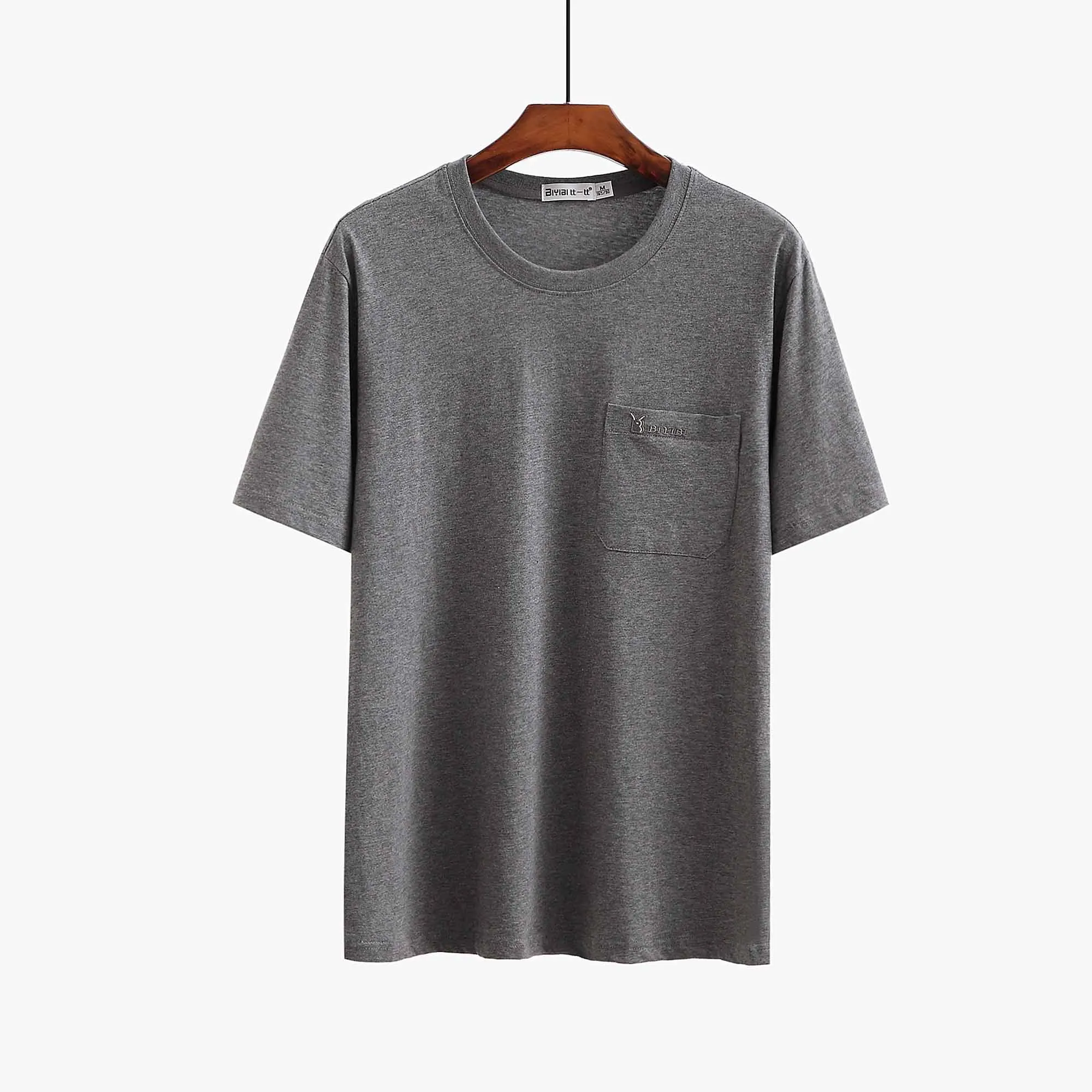 Pocket T-shirts Men Quality Cotton T-shirts Summer Male Tees Casual T-shirt O-neck Short Sleeve XXXL Tshirt Mid Aged Mens Tmall - Цвет: deep grey